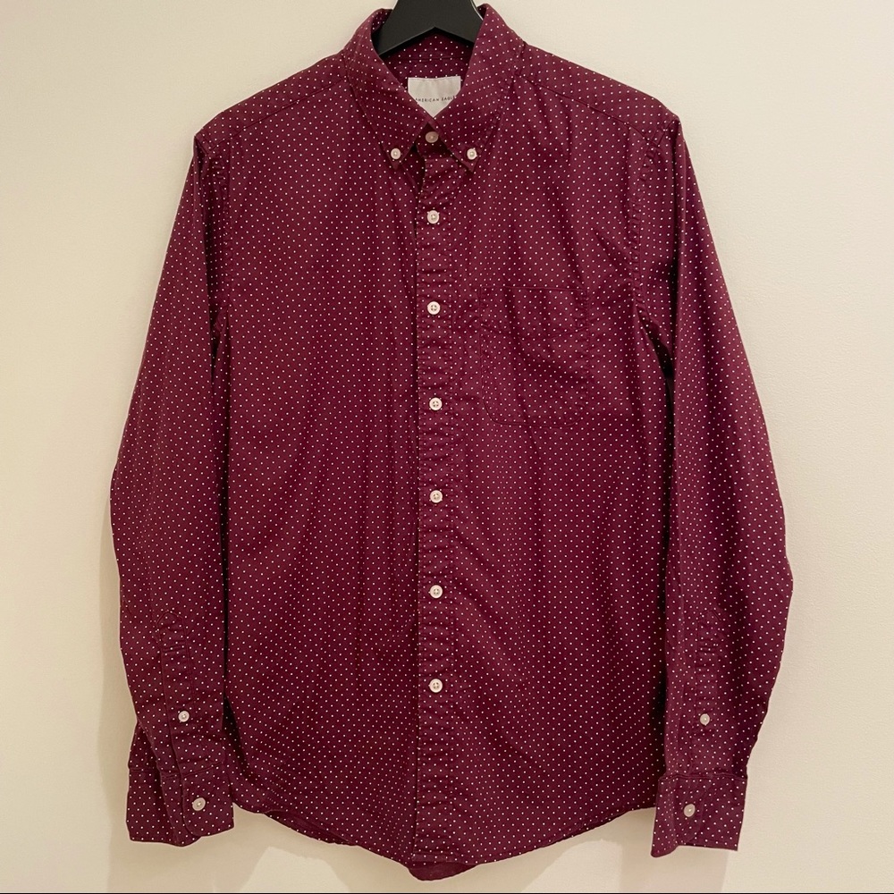 American Eagle Outfitters Men’s Wine Red White Pindot Collared Button Down Shirt